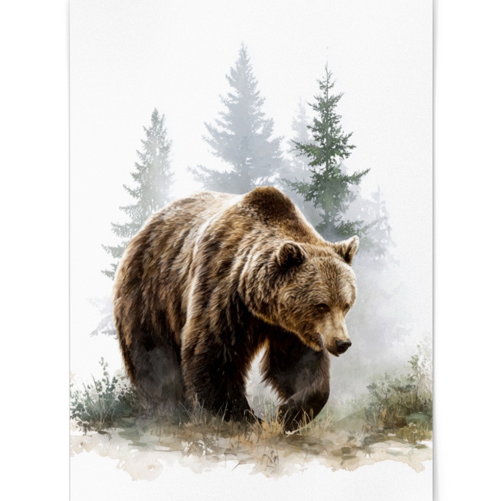 Watercolor Brown Bear Forest Wall Art Print, Unframed Misty Grizzly Illustration - Picture 2 of 5